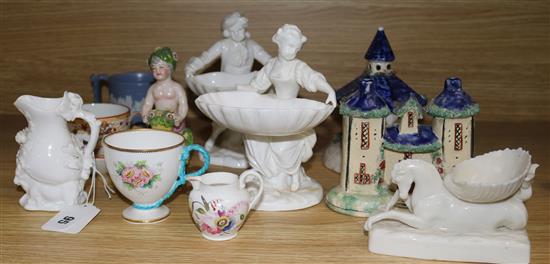 A Belleek seahorse salt, a Coalport Goat & Bee just and other ceramics